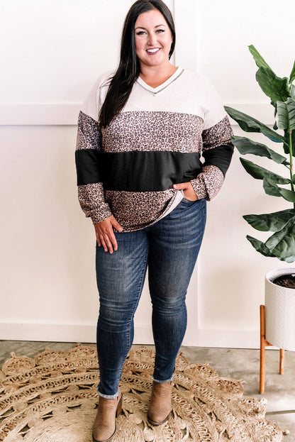 Leopard Print Colourblock V Neck Long Sleeve Plus Size Top | Black