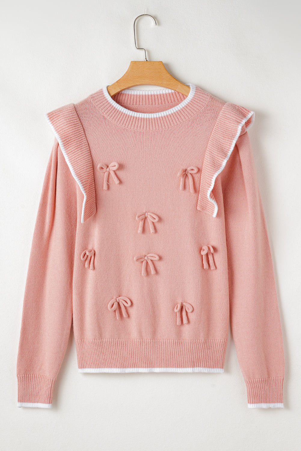 Ruffled Bowknot Ribbed Trim Long Sleeve Sweater | Light Pink