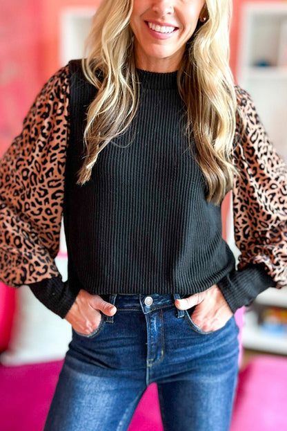 Leopard Print Long Sleeve Ribbed Knit Blouse | Black