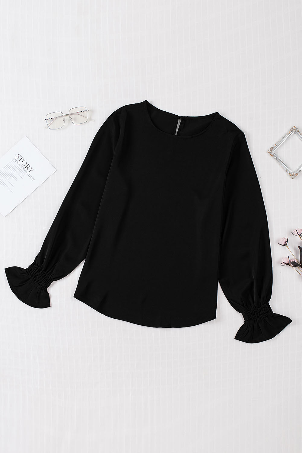 Crew Neck Ruffle Bubble Sleeve Top | Black