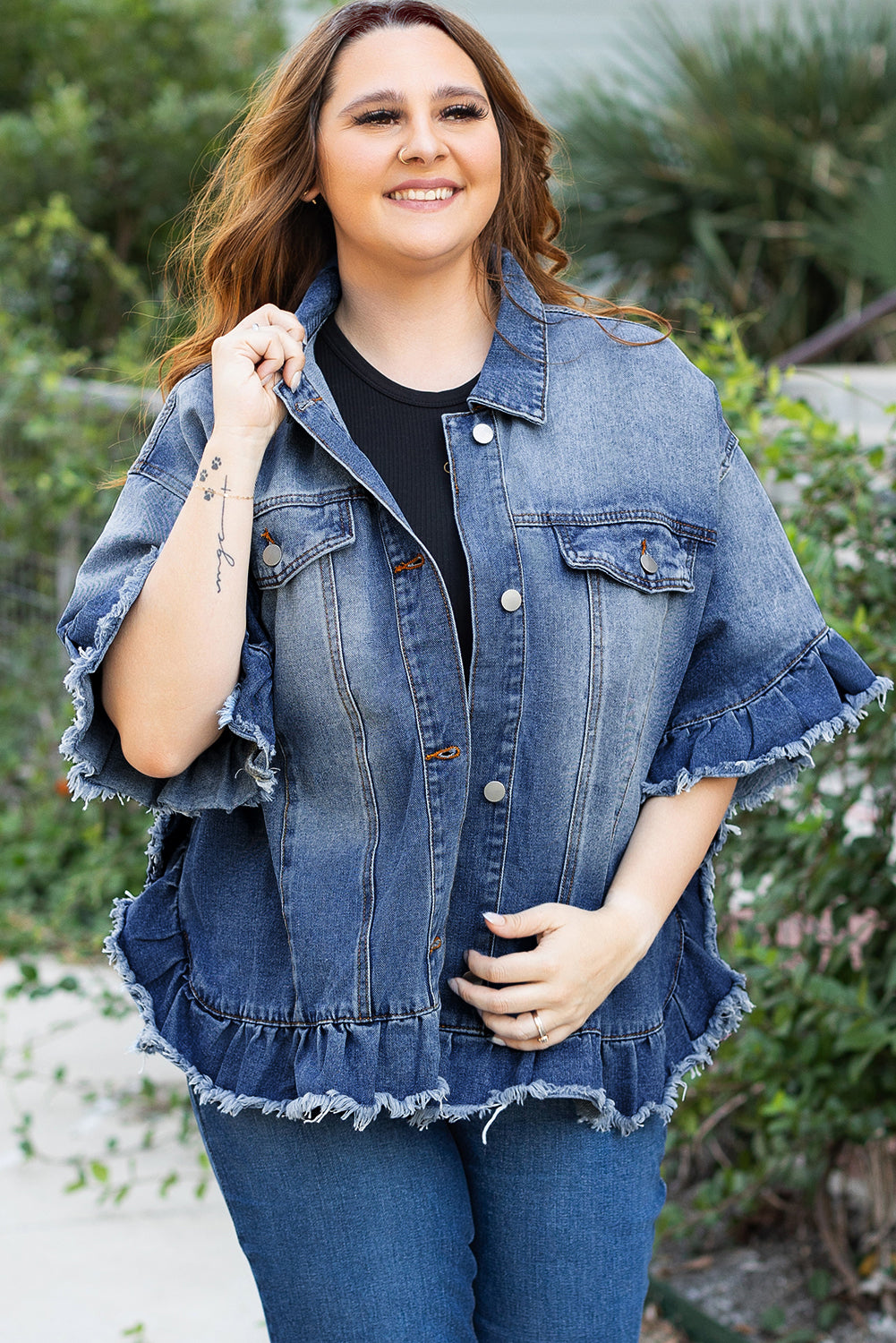 Ruffled Frayed Short Sleeve Plus Size Denim Jacket | Peacock Blue