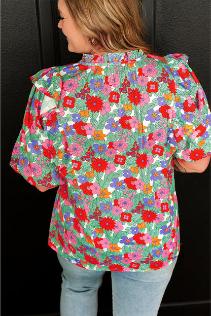 Plus Size Floral Print Ruffle V Neck Bubble Sleeve Blouse | Multicolour