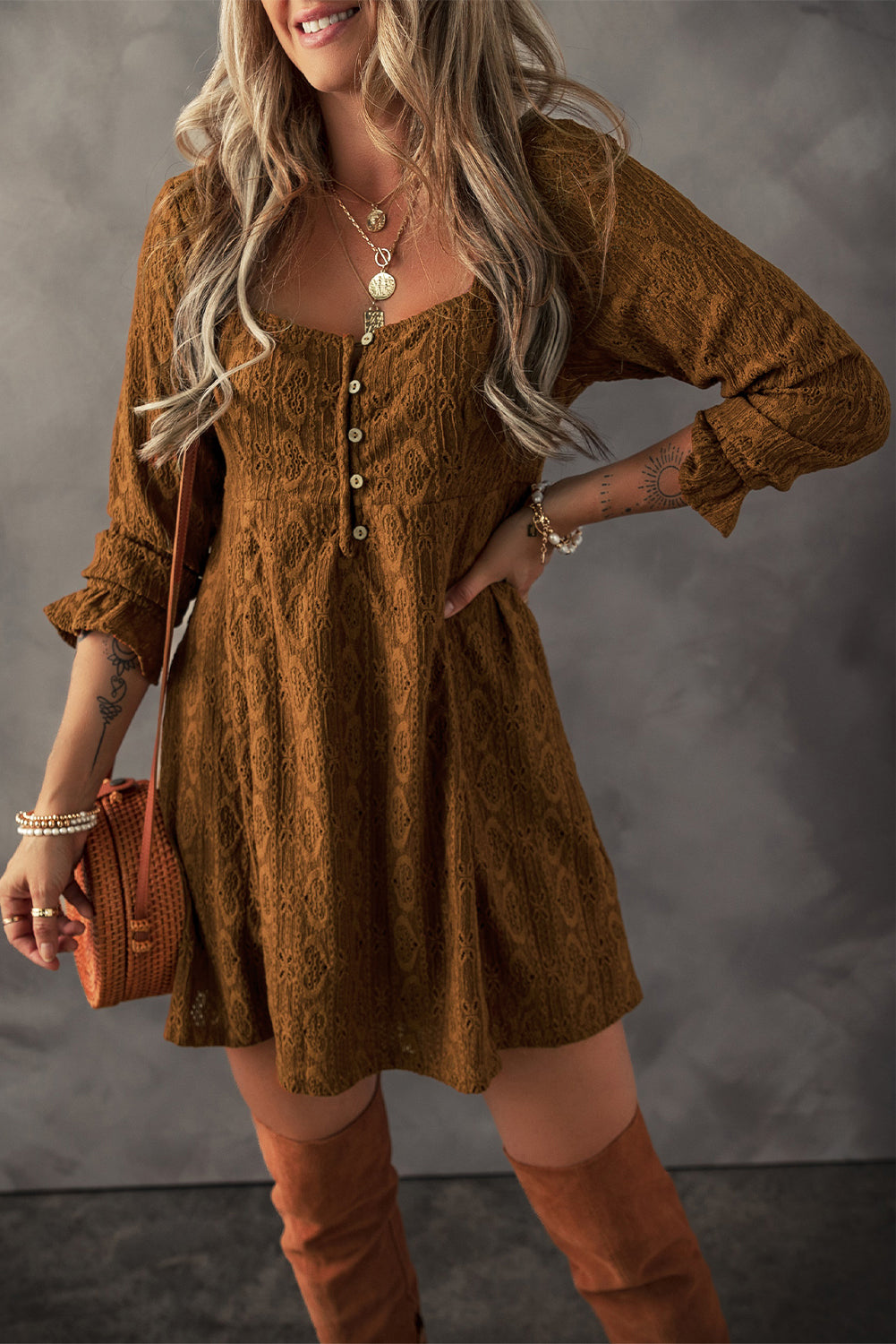 Lace Crochet Buttoned Square Neck Shift Mini Dress | Chestnut