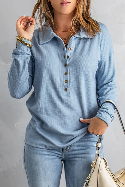 Button Front Turn-Down Neck Knit Top | Sky Blue