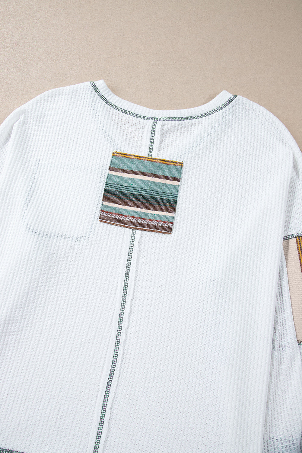 Striped Patchwork Exposed Seam Waffle Knit Top | White