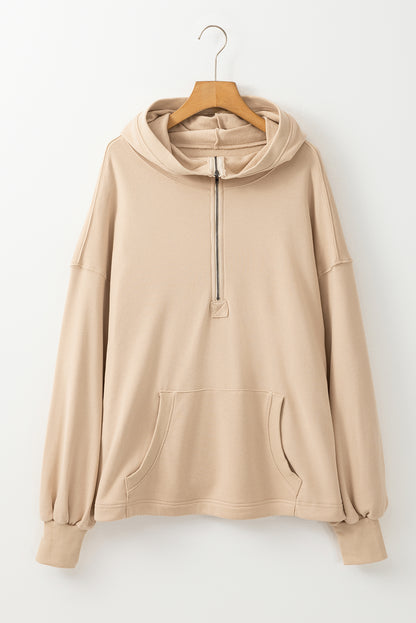 Solid Kangaroo Pocket Half Zipper Oversized Hoodie | Parchment