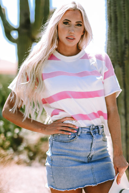 Dropped Short Sleeve Lightweight Knitted Top | Pink Stripe