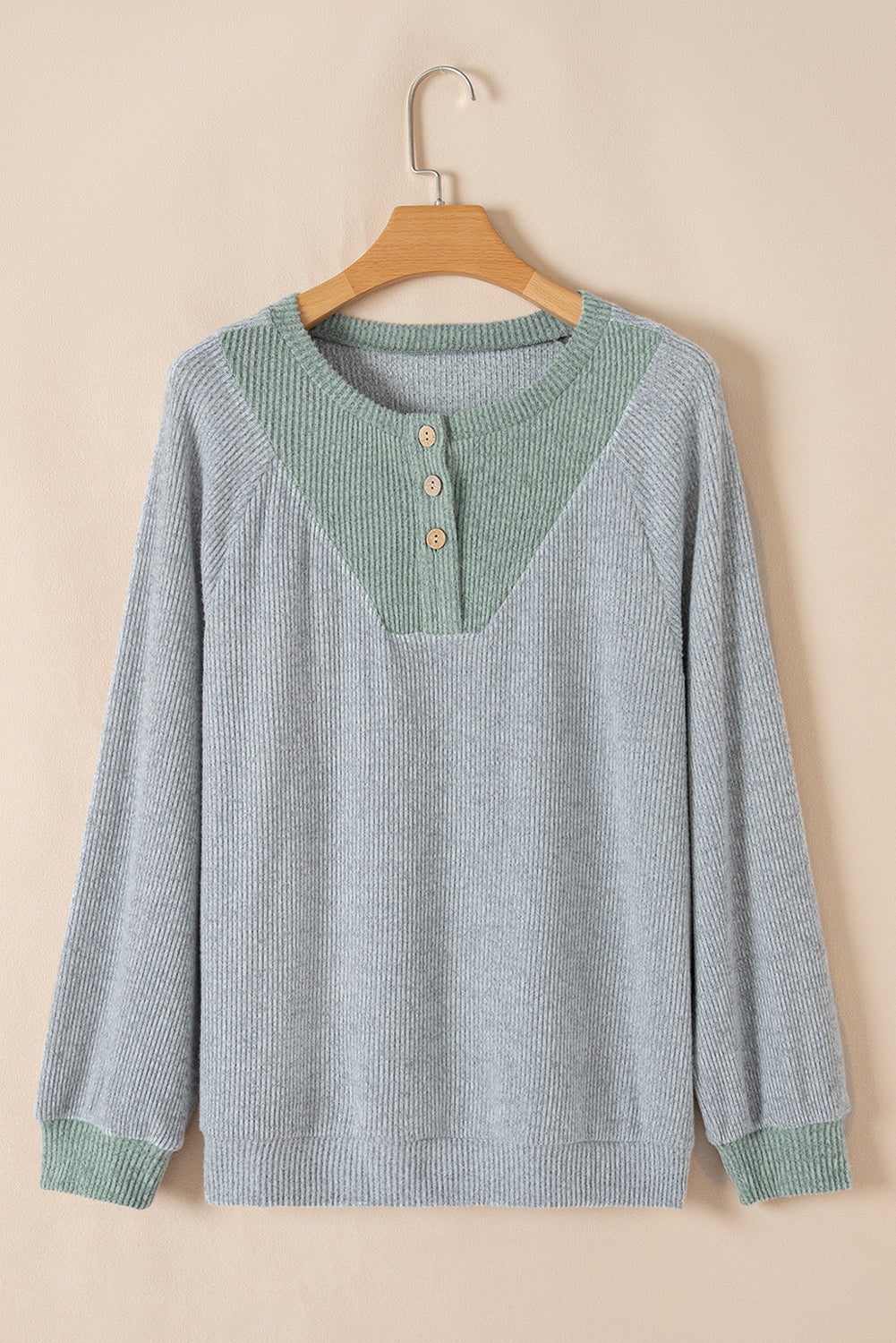 Colour Contrast Ribbed Loose Fit Long Sleeve Top | Light Grey