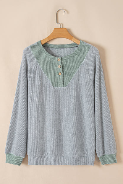 Colour Contrast Ribbed Loose Fit Long Sleeve Top | Light Grey