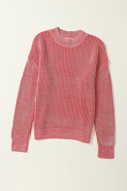 Striped Print Ribbed Trim Round Neck Sweater | Red