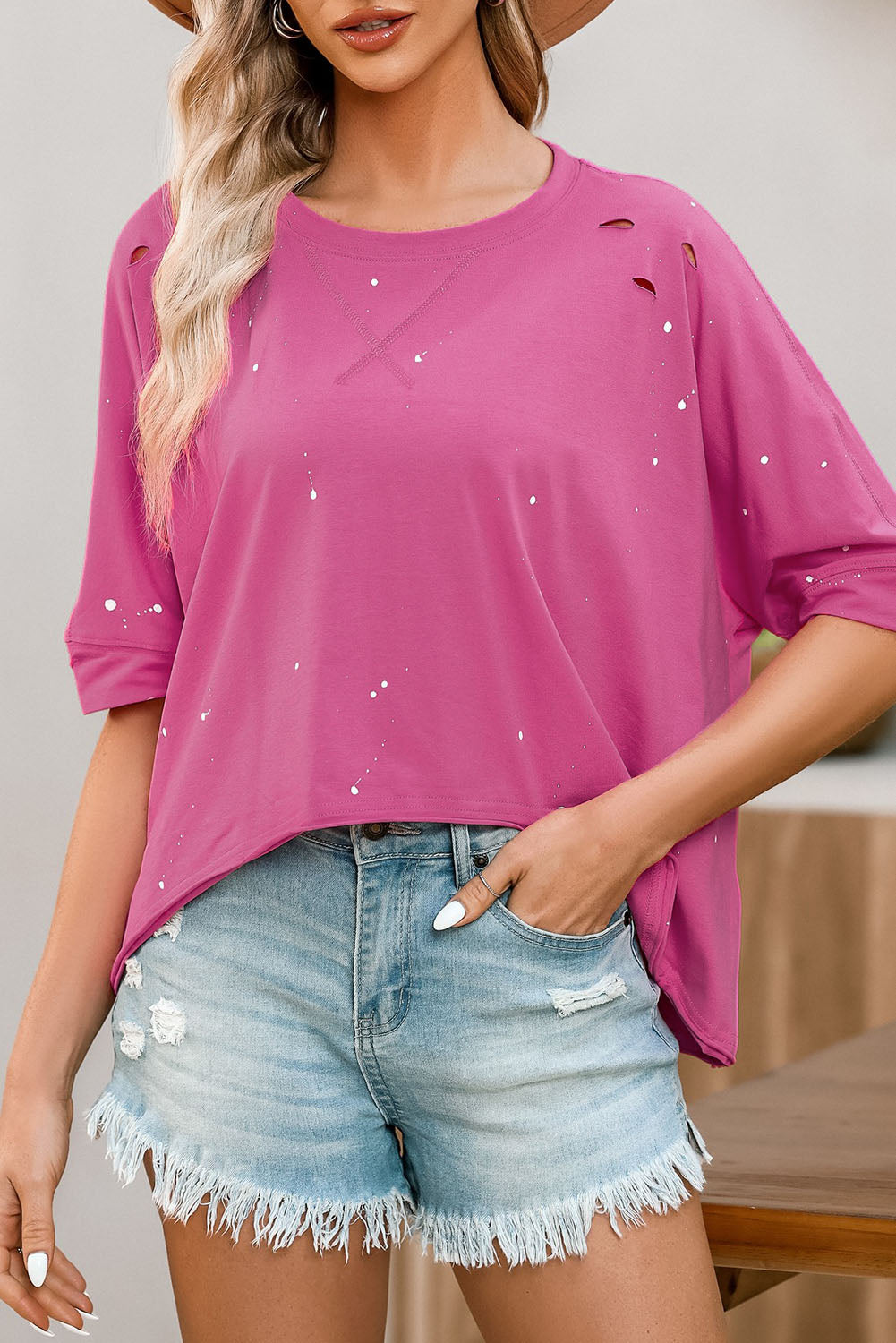 Distressed Bleached Asymmetric Hem Short Sleeve Top | Pink