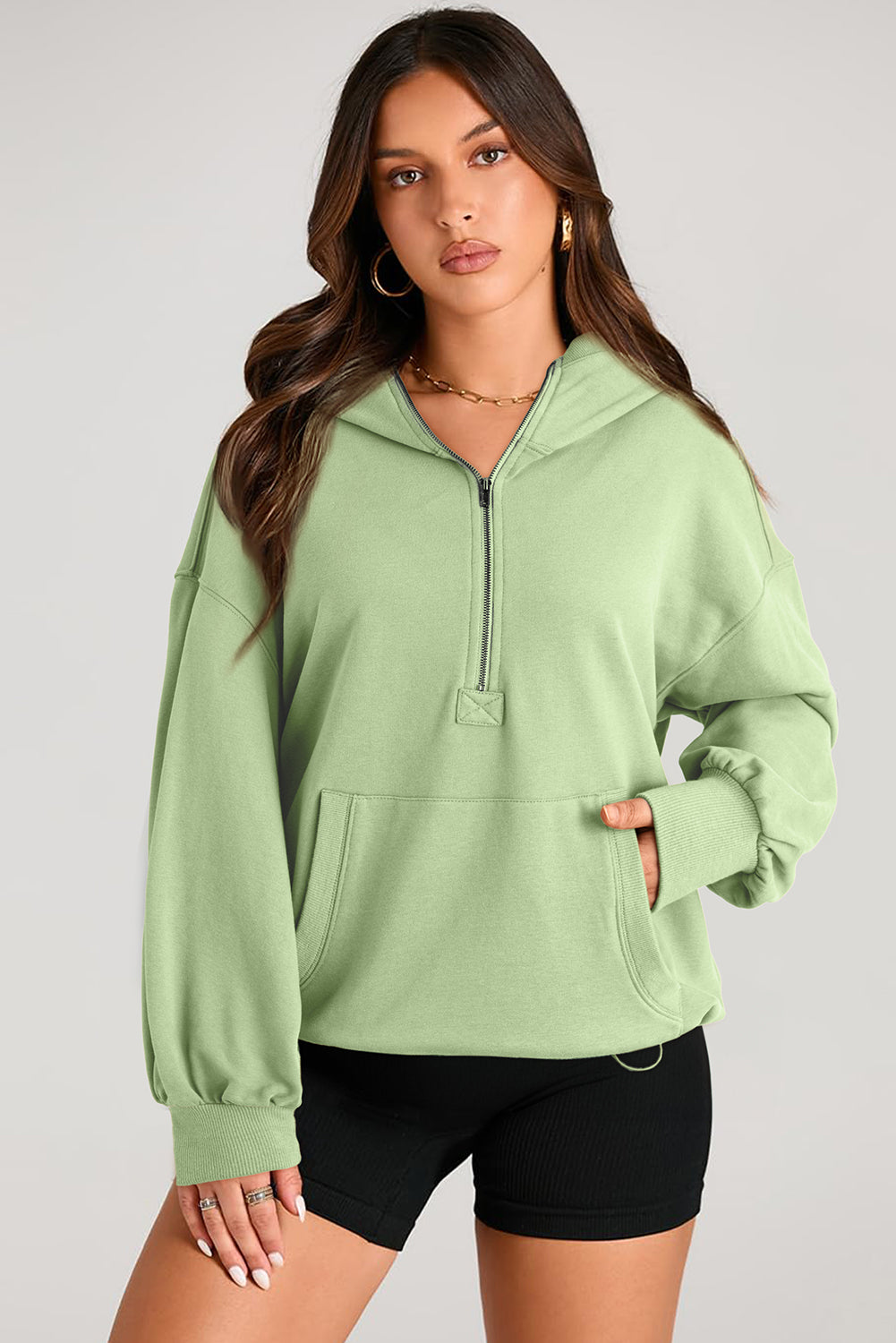 Solid Kangaroo Pocket Half Zipper Oversized Hoodie | Smoke Green