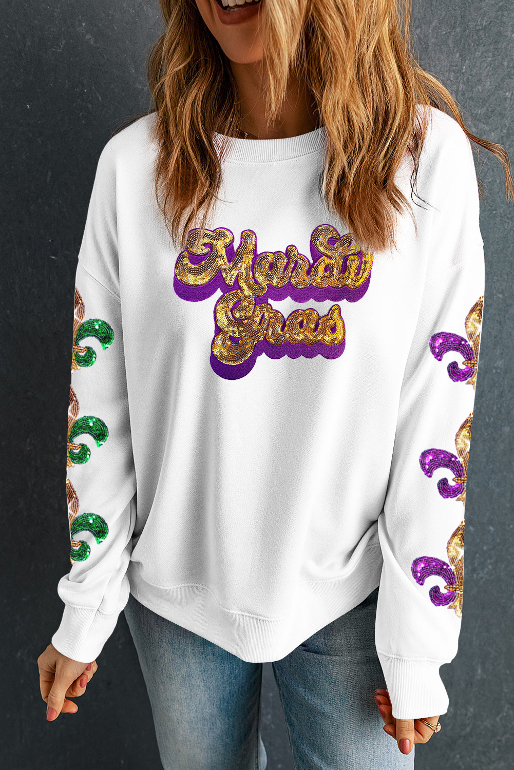 Sequin Mardi Gras Patched Pattern Fleur De Lis Sleeve Sweatshirt | Beige