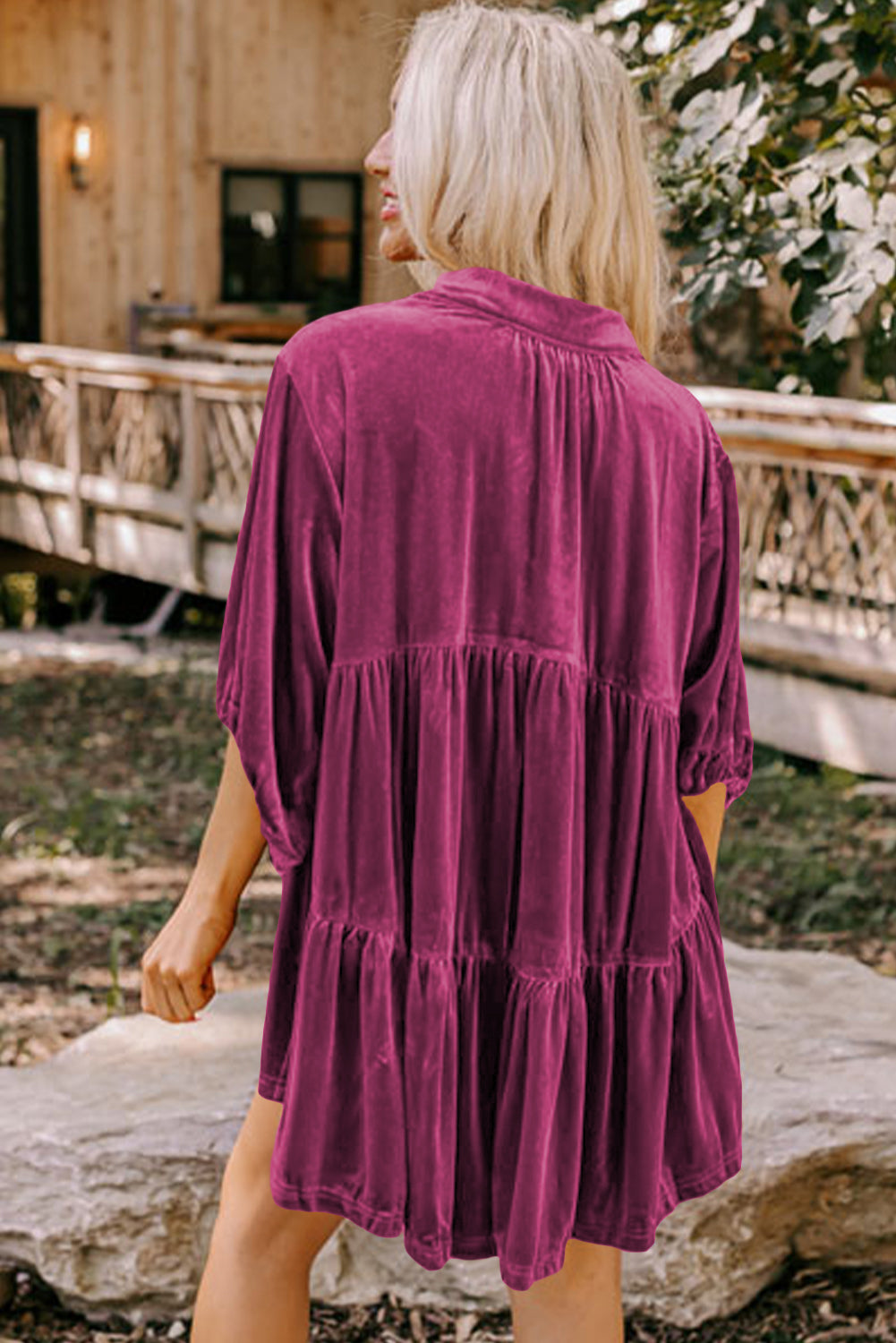 3/4 Sleeve Tunic Babydoll Velvet Shirt | Pitaya Pink