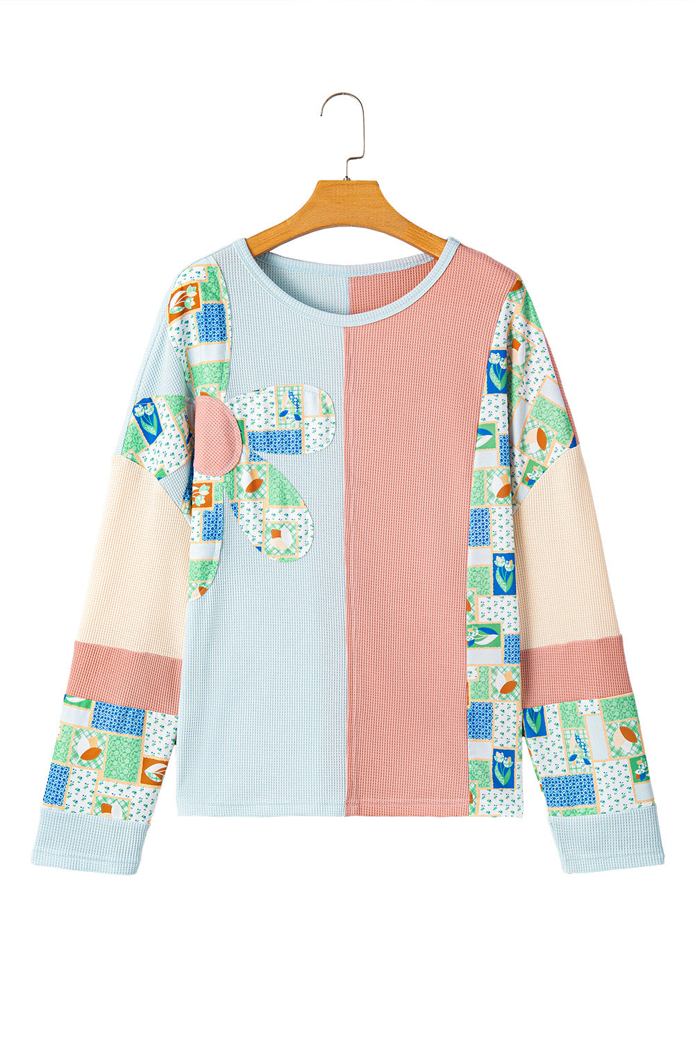 Floral Patchwork Waffle Colour Block Pullover Top | Rose Pink