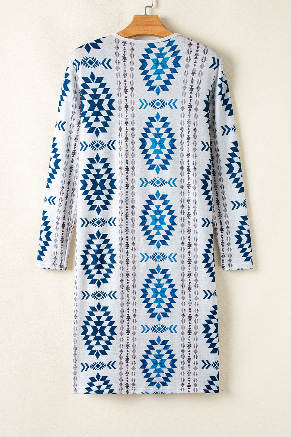 Western Aztec Printed Open Front Long Cardigan | Sky Blue