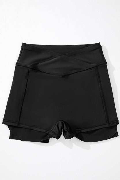 Solid Pocketed Crossover High Waist Swim Skort | Black