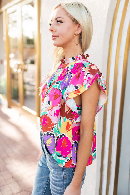 Abstract Floral Print Frilled Neck Pleated Blouse | Multicolour