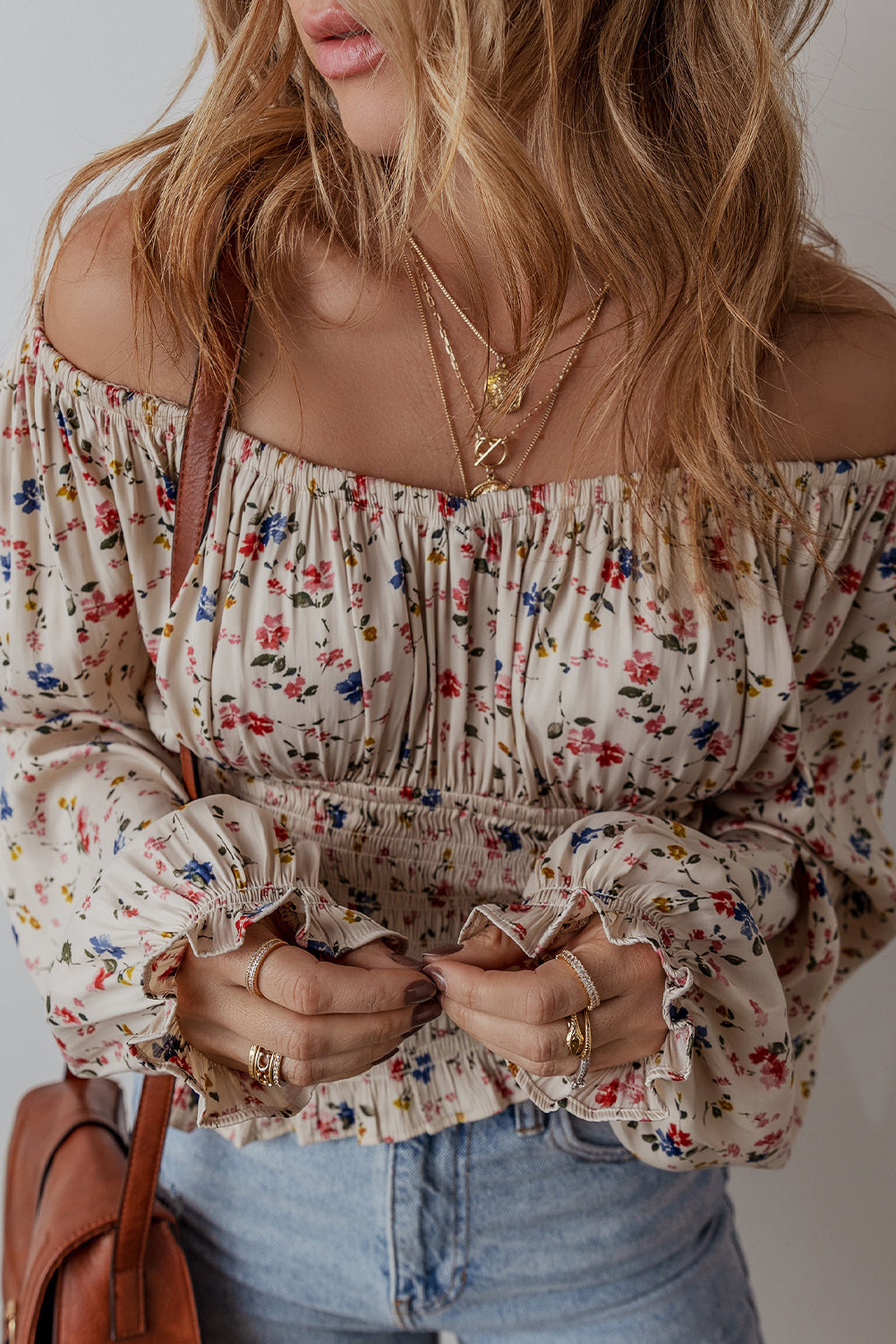 Boho Floral Print Smocked Waist V Neck Blouse | Beige