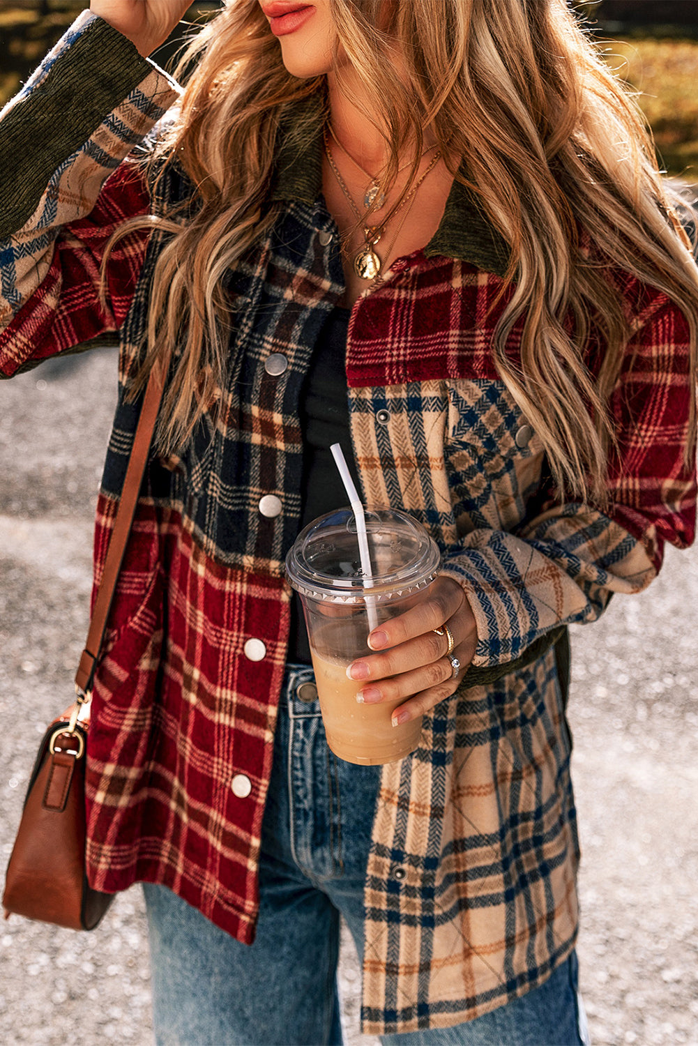 Mixed Plaid Patchwork Retro Shacket | Red