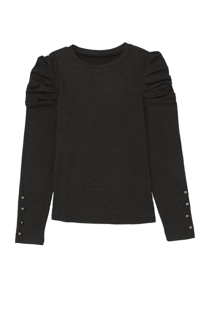 Buttoned Puff Long Sleeve Sheath Top | Black