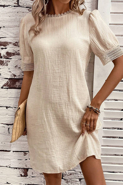 Crinkle Lace Trim Puff Sleeve Shift Mini Dress | Beige