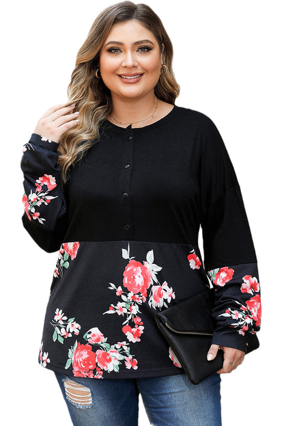 Plus Size Floral Printed Splicing Half Button Top | Black