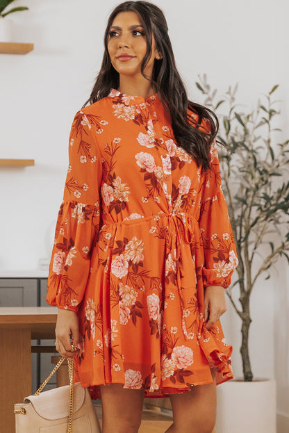 Vintage Floral Print Drawstring Flowy Dress | Orange