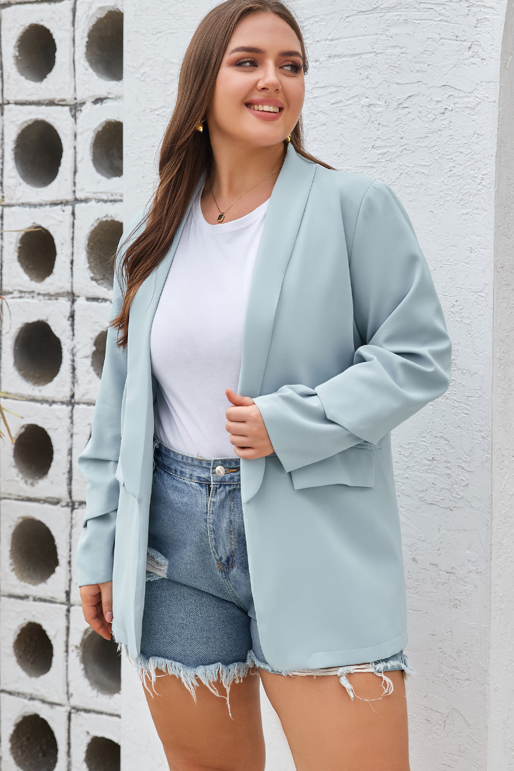 Plus Size Soft Lightweight Pocketed Lapel Blazer | Sky Blue