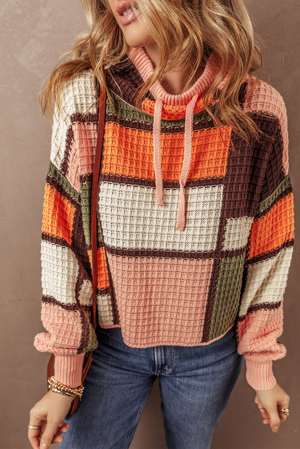 Colour Block Waffle Knit Drawstring Mock Neck Sweater | Orange