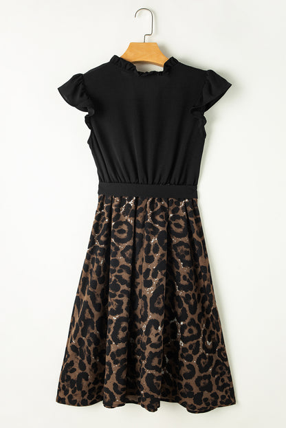 Flutter Sleeve Bodice Splicing Leopard Print Dress | Black