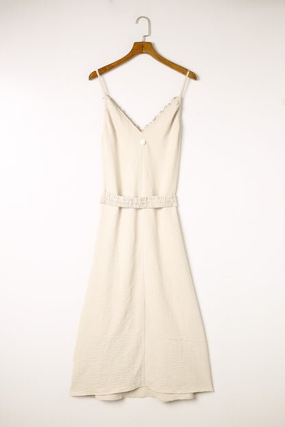 V Neck Sleeveless Maxi Dress With Elastic Belt | Apricot