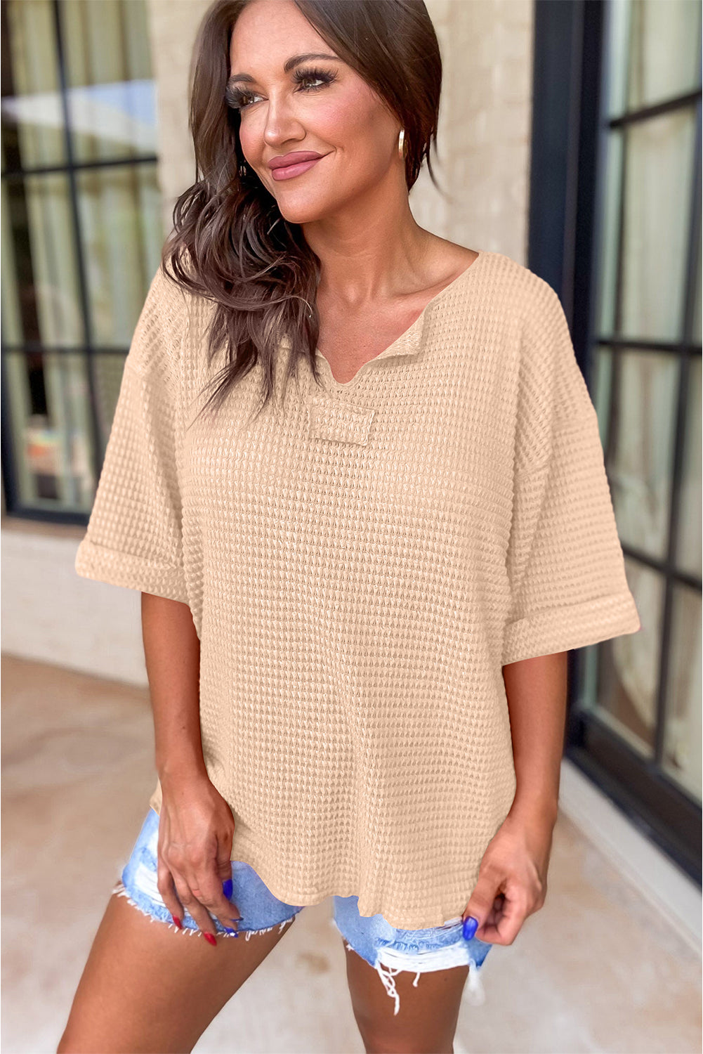 Textured Knit Split Neck Cuffed Short Sleeve Top | Parchment