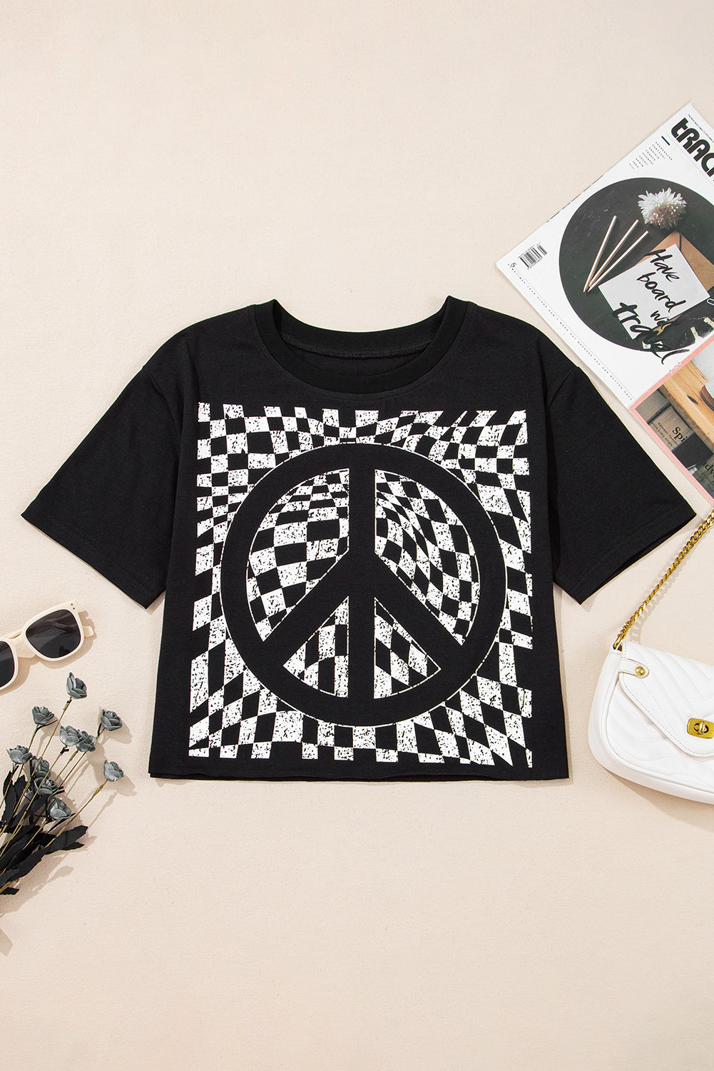 Checkerboard Peace Sign Printed Round Neck T Shirt | Black