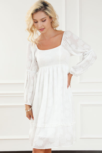 Jacquard Square Neck Bubble Sleeve Dress | White