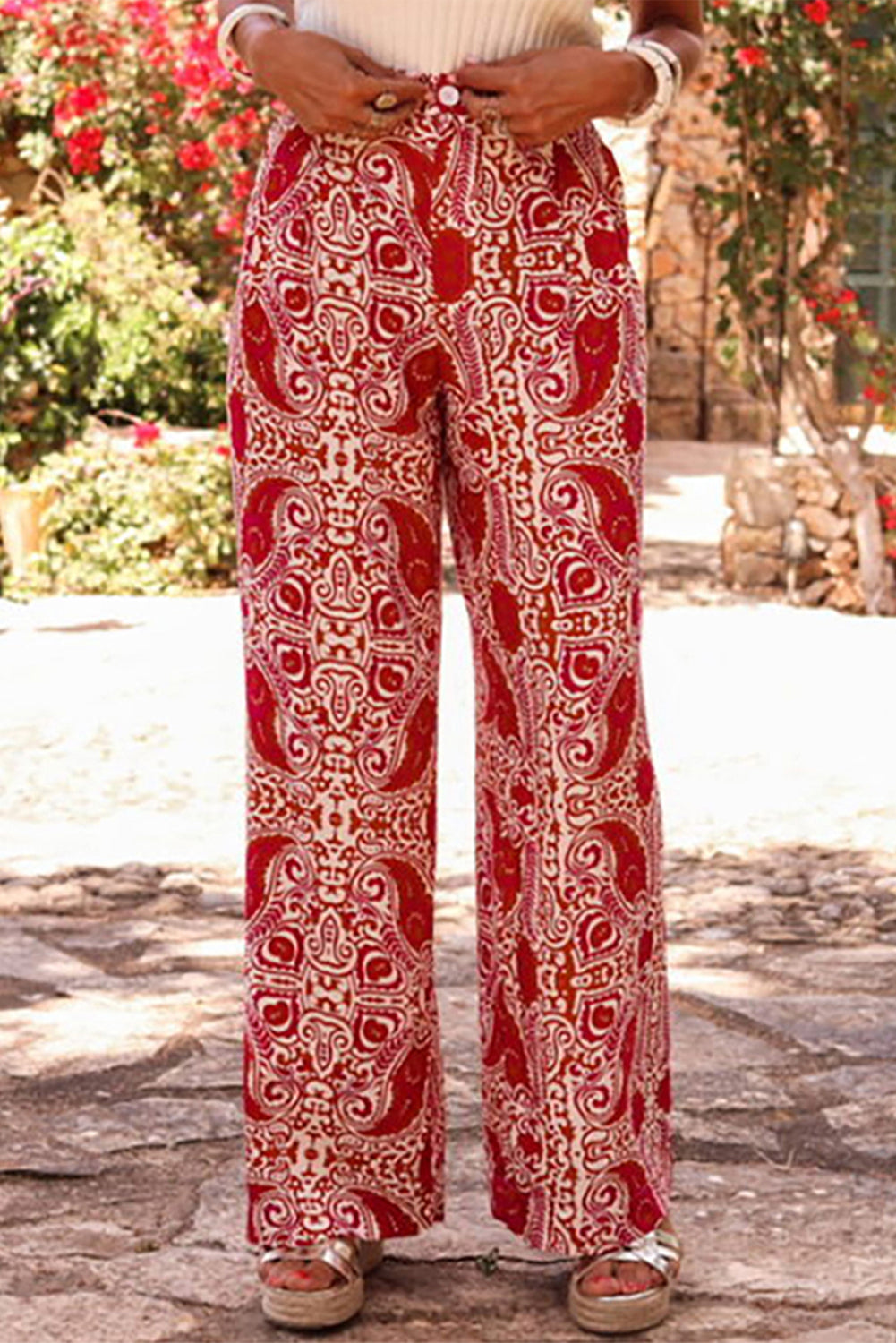 Paisley Printed Buttoned High Waist Straight Leg Pants | Red