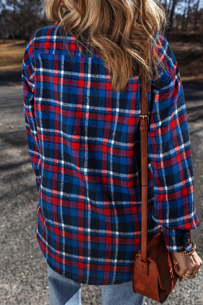 Plaid Flap Pocket Button Up Shacket | Navy Blue