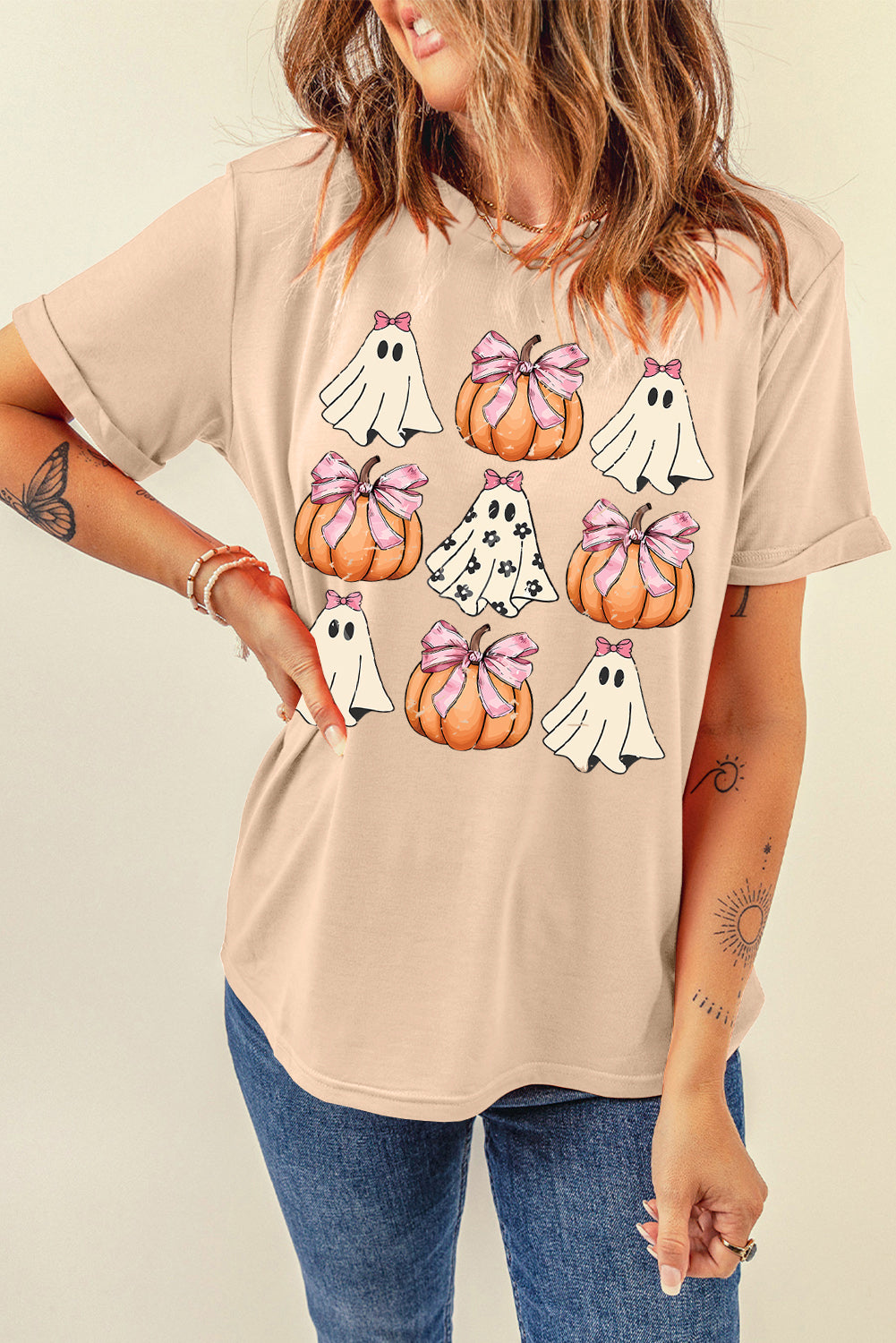 Bowknot Ghost Pumpkin Graphic Halloween T Shirt | Khaki