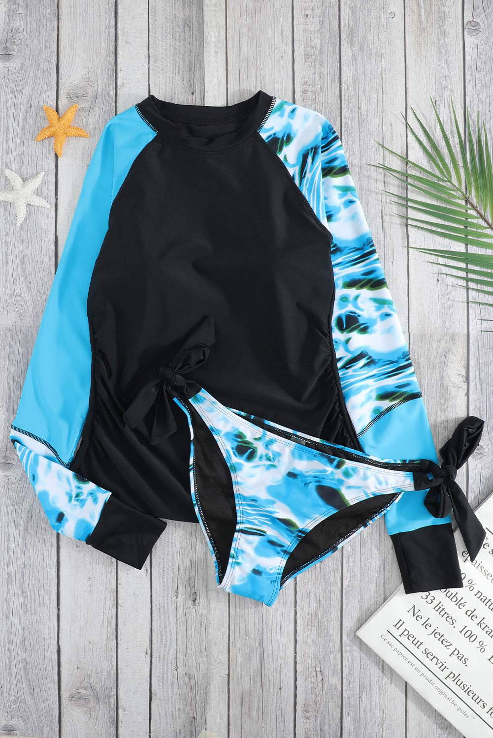 Contrast Dark Blue Detail Long Sleeve Tankini Swimsuit | Black