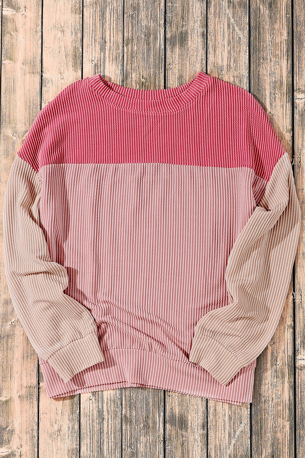 Colour Block Long Sleeve Ribbed Loose Top | Pink