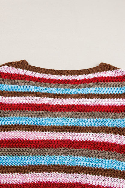 Striped Ruffled Sleeve V Neck Sweater | Multicolour