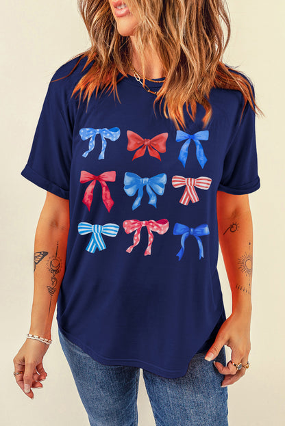 Diverse Bowknot Print Independent Day Graphic Tee | Blue