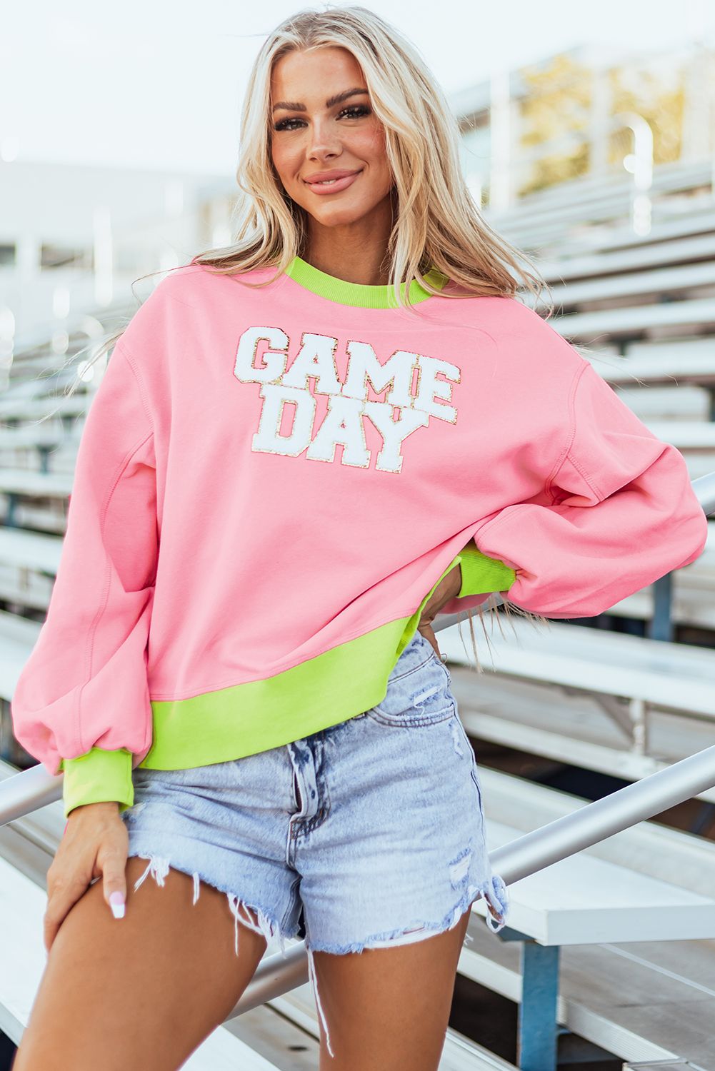 Game Day Glitter Colour Block Crew Neck Sweatshirt | Pink