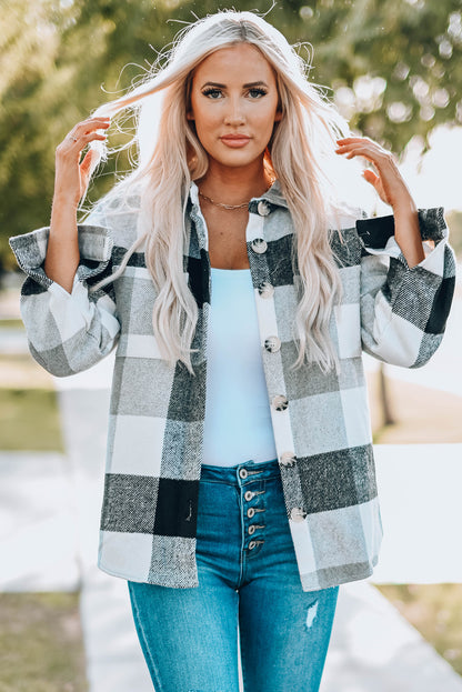 Plaid Colour Block Buttoned Long Sleeve Jacket With Pocket | Gray