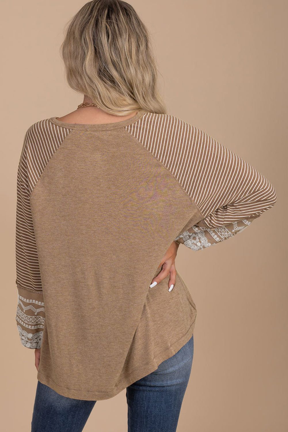 Floral Striped Patchwork Loose Long Sleeve Top | Light French Beige