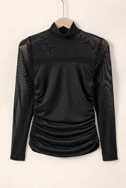 High Neck Ruched Mesh Long Sleeve Top | Black