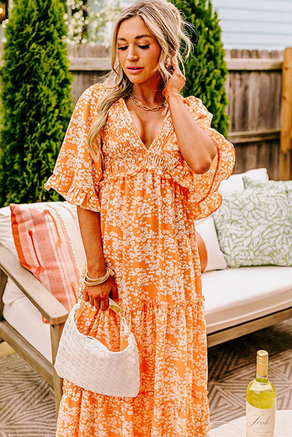 Floral Print Smocked V Neck Wide Sleeve Maxi Dress | Orange