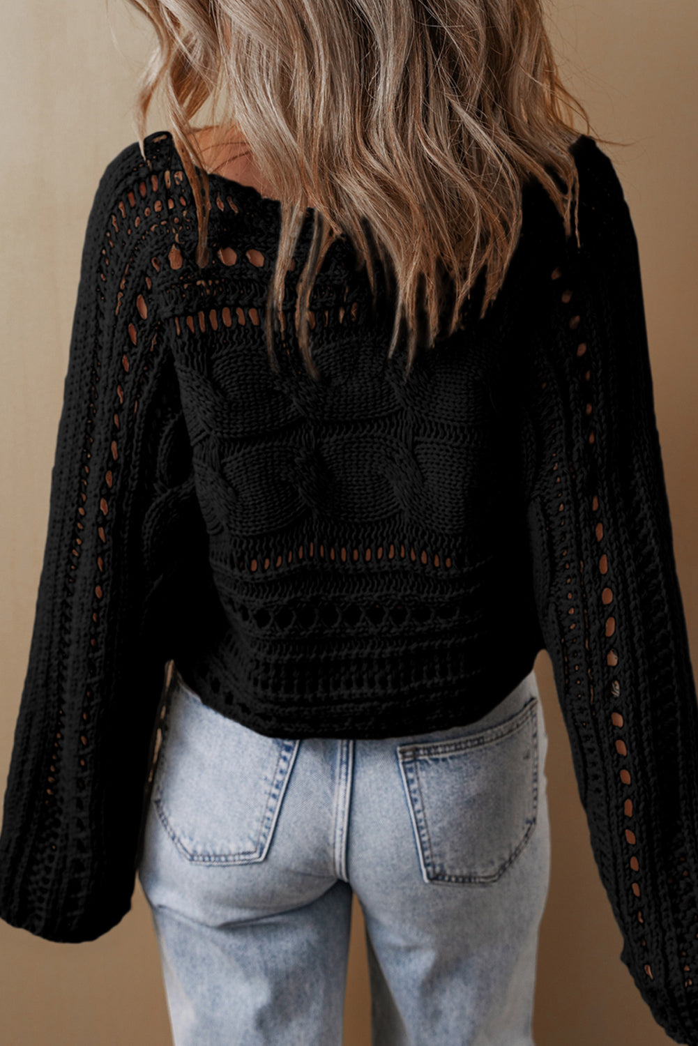 Hollow-Out Cable Knit Cropped Sweater | Black