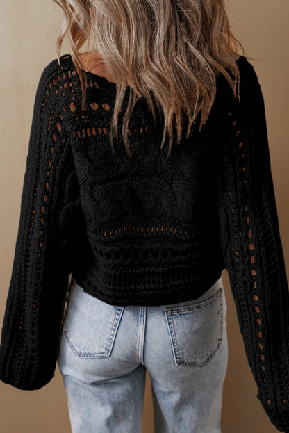 Hollow-Out Cable Knit Cropped Sweater | Black