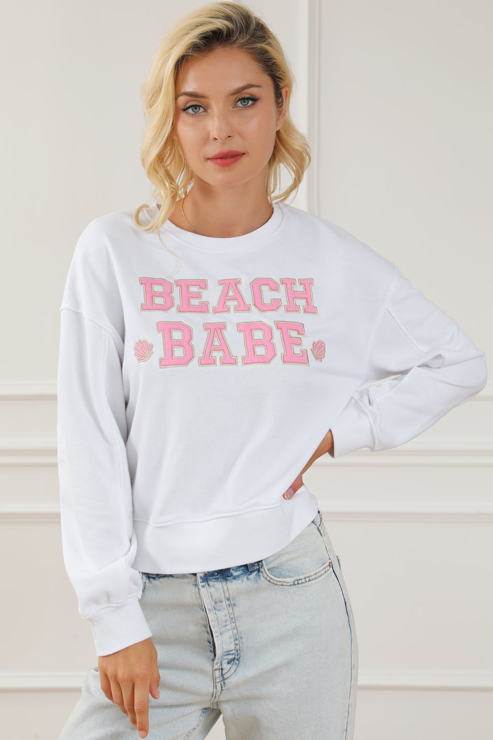 Beach Babe Slogan Graphic Casual Sweatshirt | White